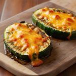 Homemade tender cheesy zucchini steaks, featuring thick slices of zucchini topped with melted golden-brown cheese, garnished with fresh herbs, and served on a rustic wooden plate