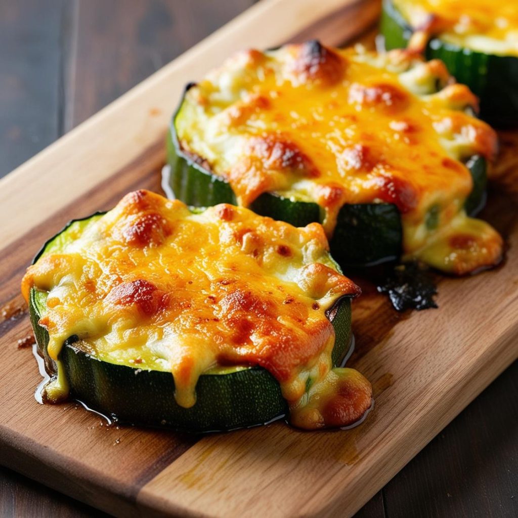 Homemade tender cheesy zucchini steaks, featuring thick slices of zucchini topped with melted golden-brown cheese, garnished with fresh herbs, and served on a rustic wooden plate