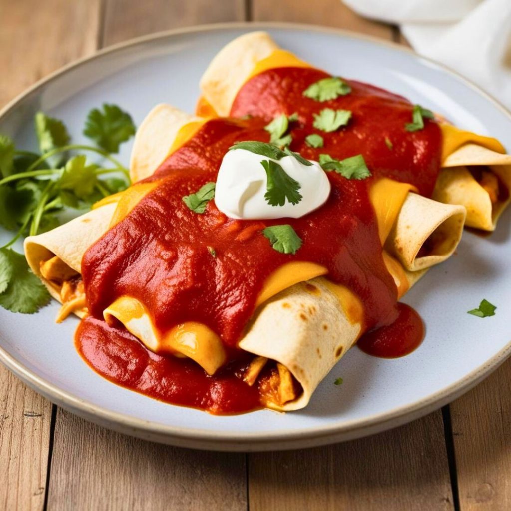 Plate of Tex-Mex enchiladas topped with melted cheese, served with a side of rice, beans, and garnished with fresh cilantro – a classic Mexican-inspired dish.