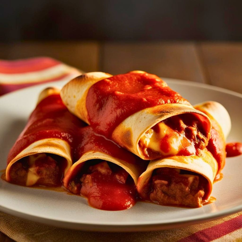 Plate of Tex-Mex enchiladas topped with melted cheese, served with a side of rice, beans, and garnished with fresh cilantro – a classic Mexican-inspired dish.