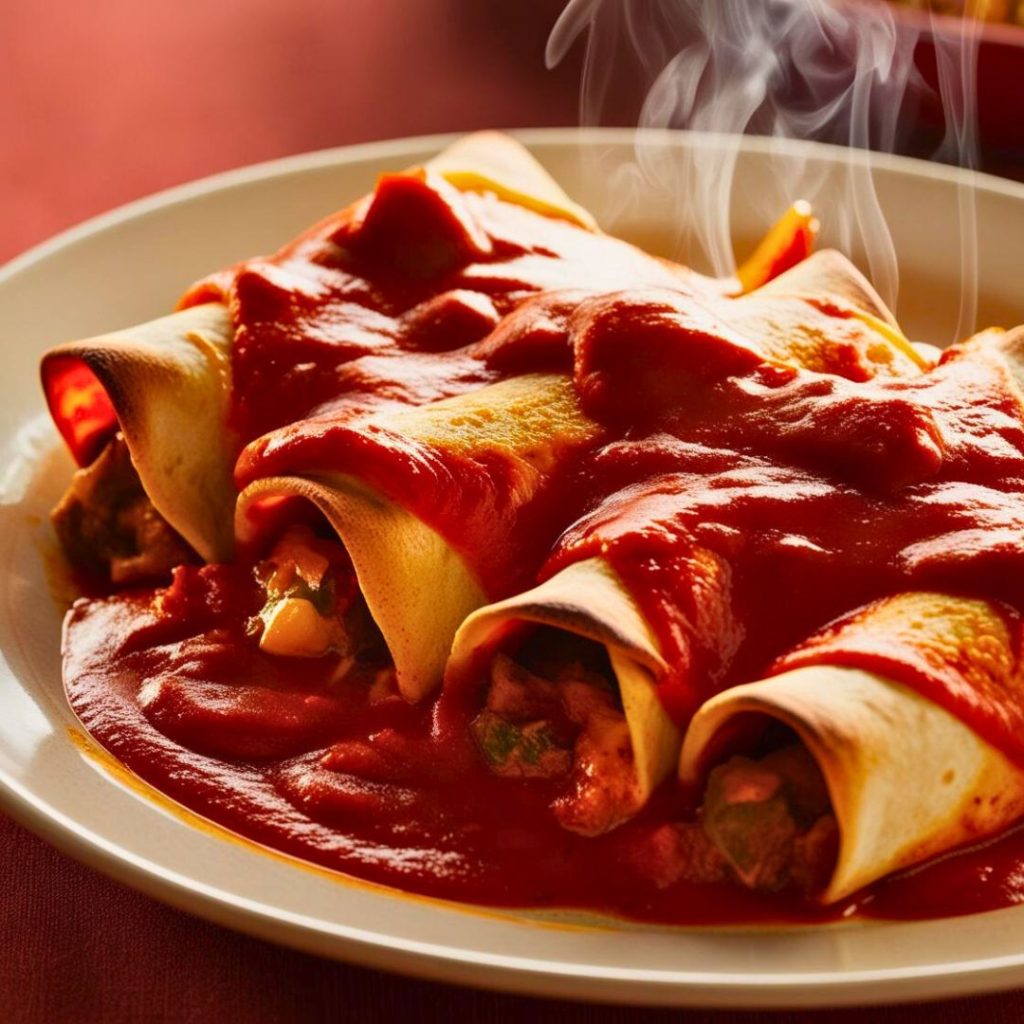 Plate of Tex-Mex enchiladas topped with melted cheese, served with a side of rice, beans, and garnished with fresh cilantro – a classic Mexican-inspired dish.