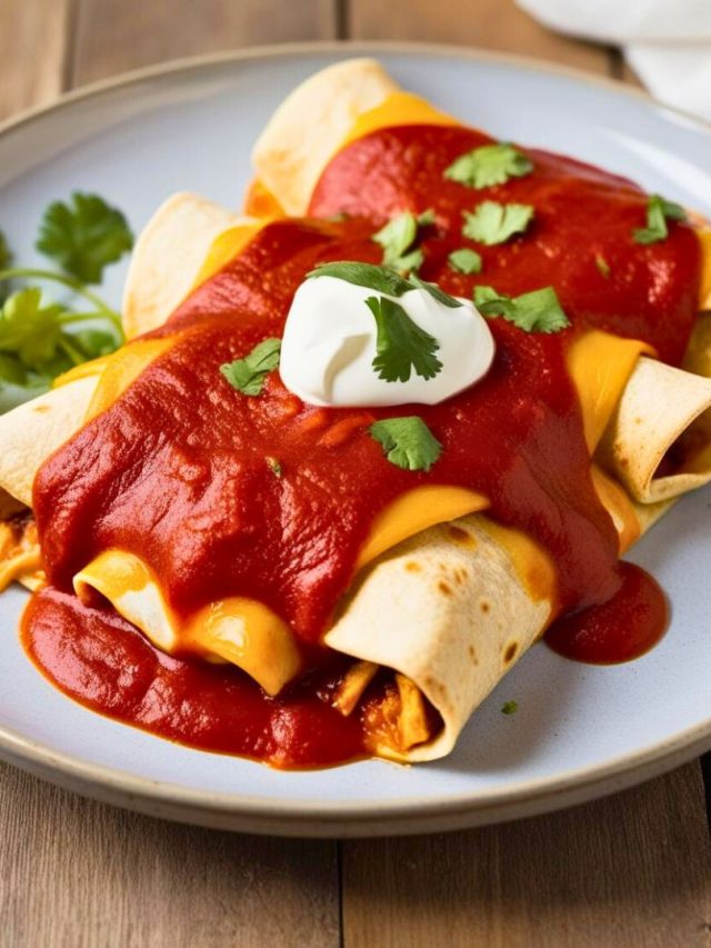 Plate of Tex-Mex enchiladas topped with melted cheese, served with a side of rice, beans, and garnished with fresh cilantro – a classic Mexican-inspired dish.