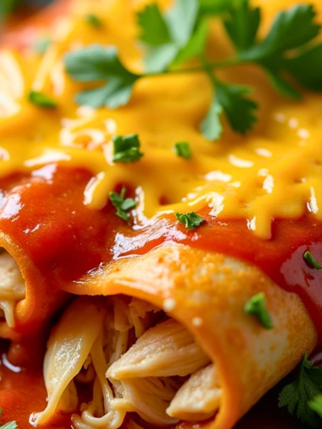 A plate of cheesy chicken enchiladas topped with fresh cilantro and a dollop of sour cream.