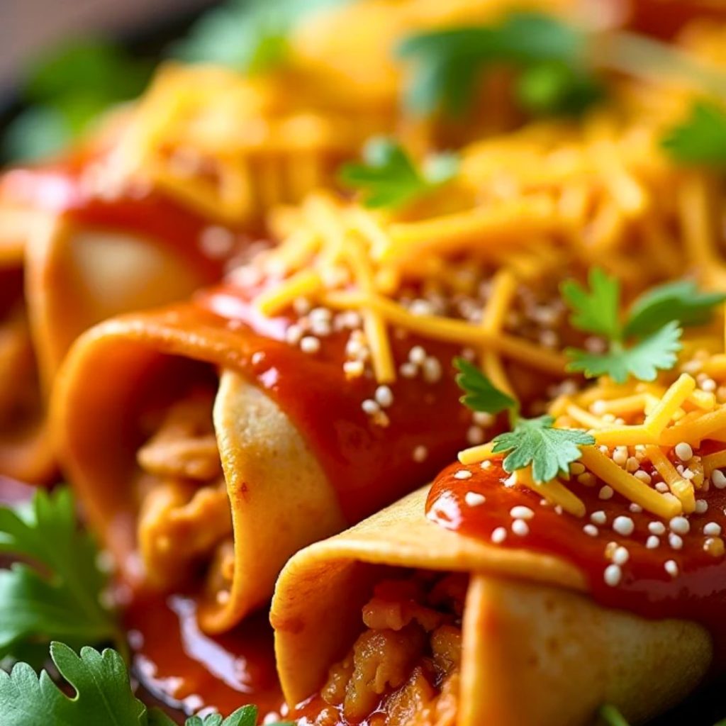 A plate of cheesy chicken enchiladas topped with fresh cilantro and a dollop of sour cream.