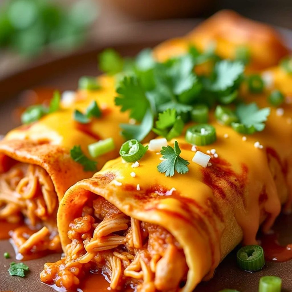 Close-up of chicken enchiladas with a golden, bubbly cheese crust fresh out of the oven.