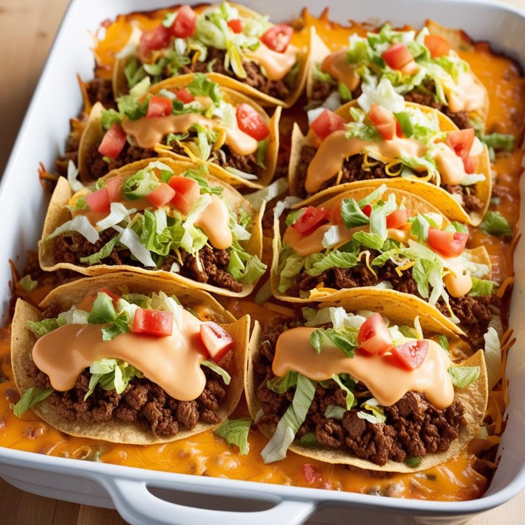 An appetizing casserole dish inspired by Mexican flavors, featuring seasoned ground beef, melted cheese, crunchy tortilla chips, and fresh toppings like lettuce, tomatoes, and sour cream, perfect for a fun and flavorful meal.