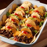 An appetizing casserole dish inspired by Mexican flavors, featuring seasoned ground beef, melted cheese, crunchy tortilla chips, and fresh toppings like lettuce, tomatoes, and sour cream, perfect for a fun and flavorful meal.