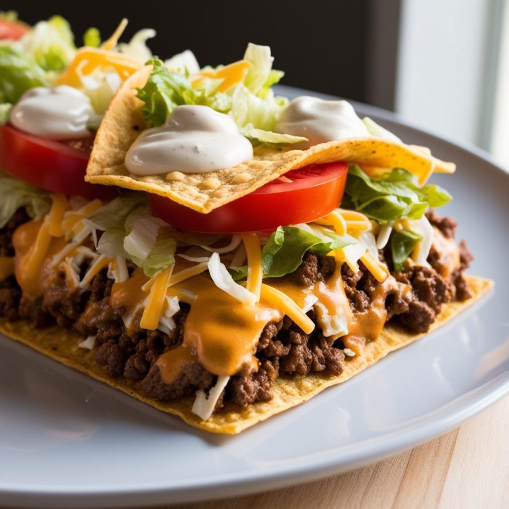 An appetizing casserole dish inspired by Mexican flavors, featuring seasoned ground beef, melted cheese, crunchy tortilla chips, and fresh toppings like lettuce, tomatoes, and sour cream, perfect for a fun and flavorful meal.