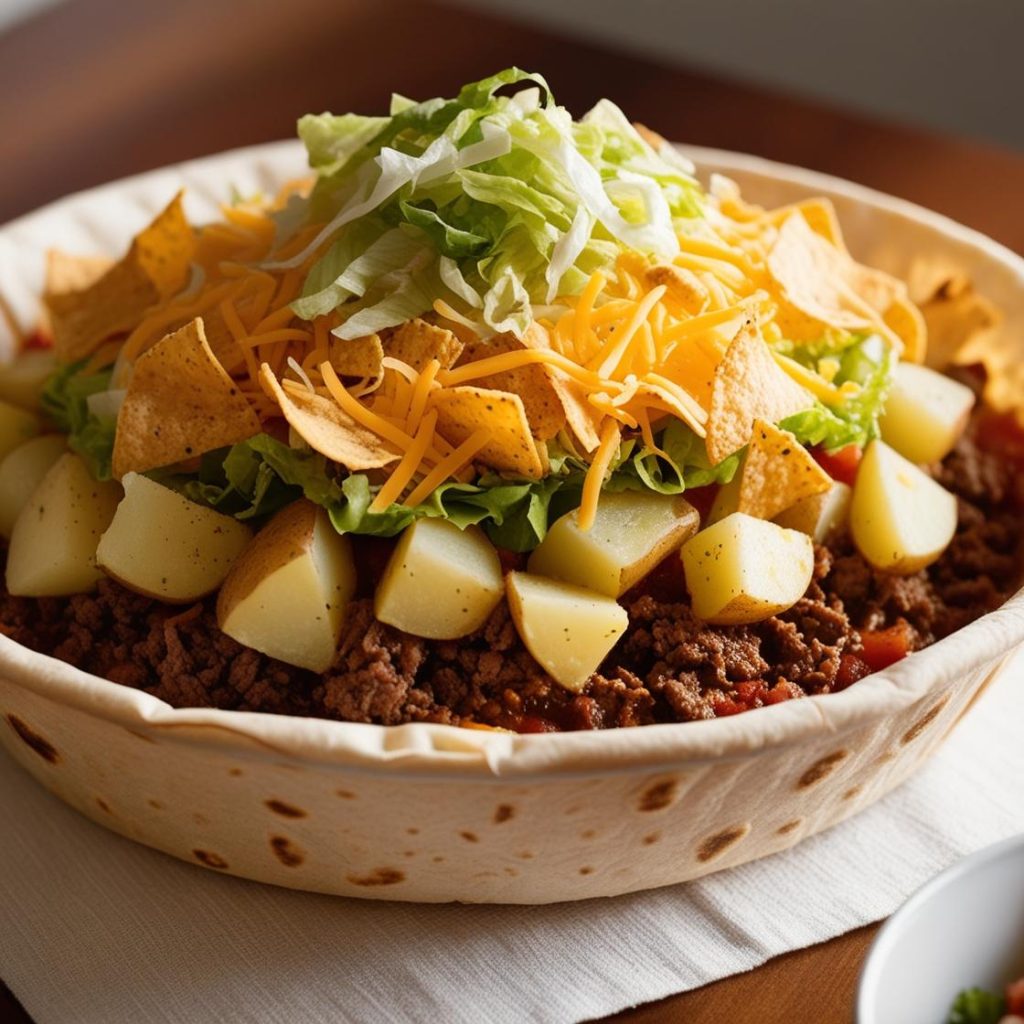 An appetizing casserole dish inspired by Mexican flavors, featuring seasoned ground beef, melted cheese, crunchy tortilla chips, and fresh toppings like lettuce, tomatoes, and sour cream, perfect for a fun and flavorful meal.