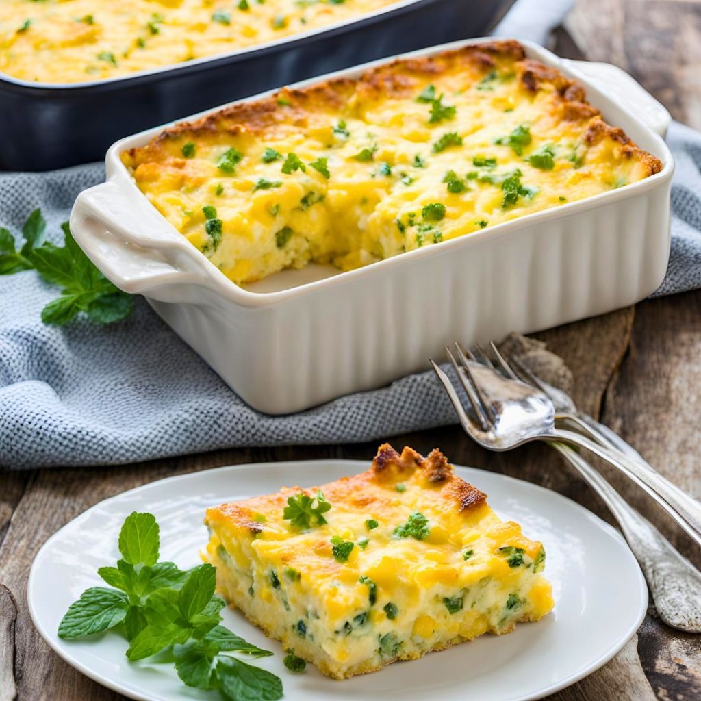 Rustic breakfast casserole with eggs, cottage cheese, and vegetables served alongside a cup of coffee on a wooden table.