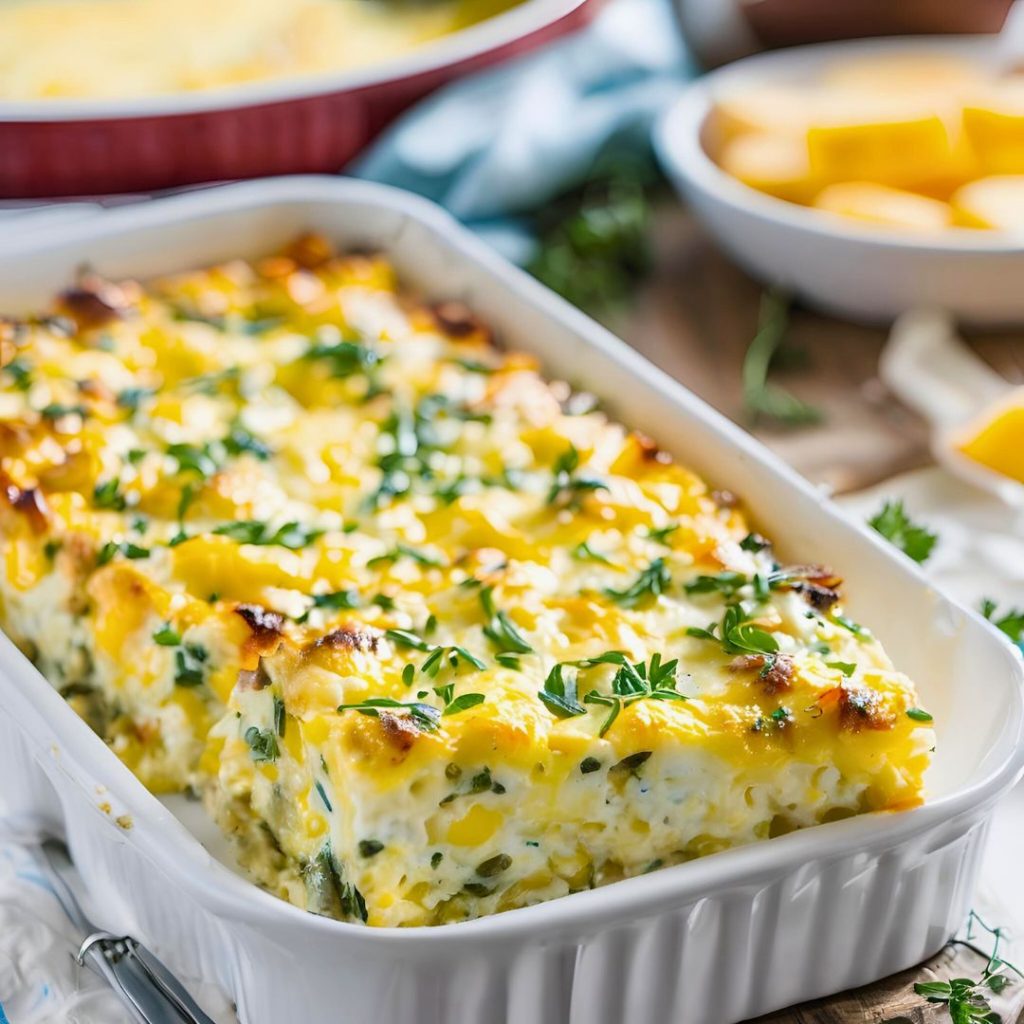 Close-up of a slice of egg bake casserole showing layers of eggs, melted cheese, and bits of vegetables on a white plate.