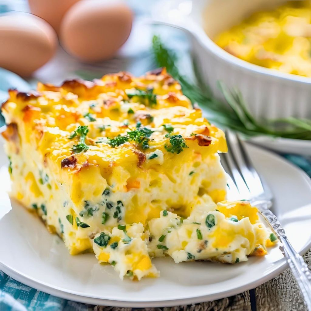 op-down view of a wholesome cottage cheese breakfast casserole garnished with fresh parsley in a glass baking dish.