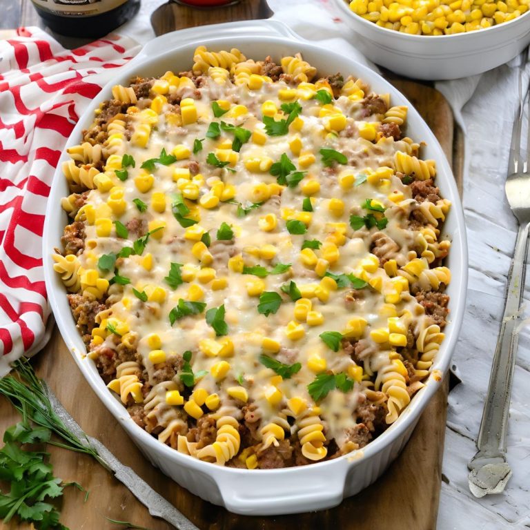 Cheddar Ranch Beef and Sweet Corn Rotini Bake