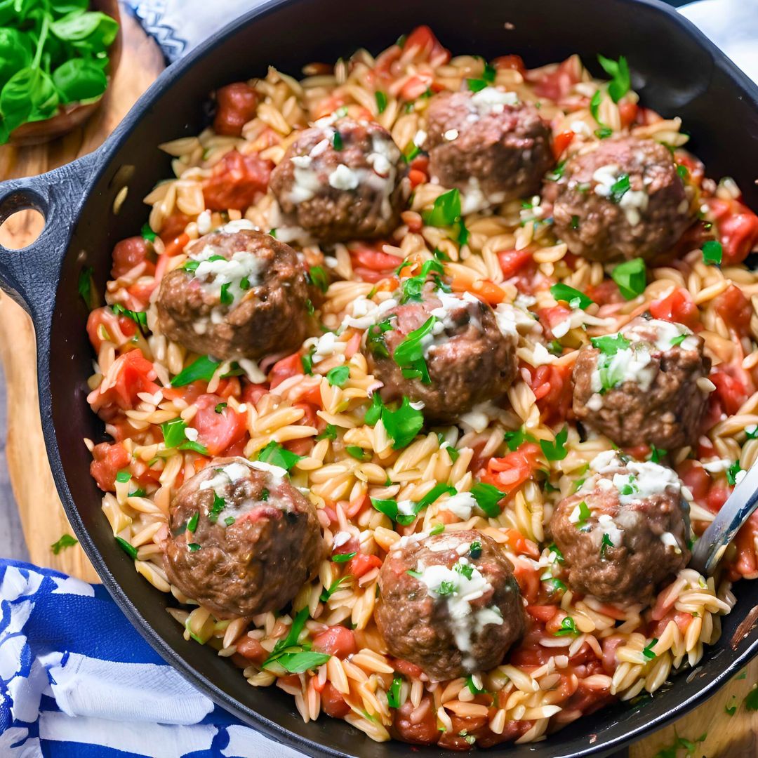 Greek Meatballs and Orzo Skillet