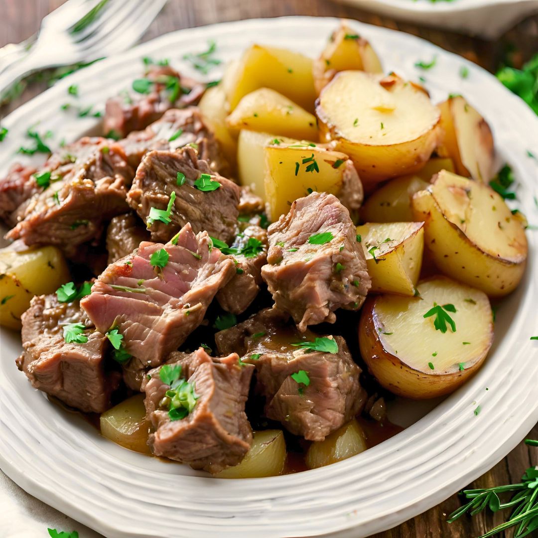 Slow Cooker Garlic Butter Beef Bites & Potatoes