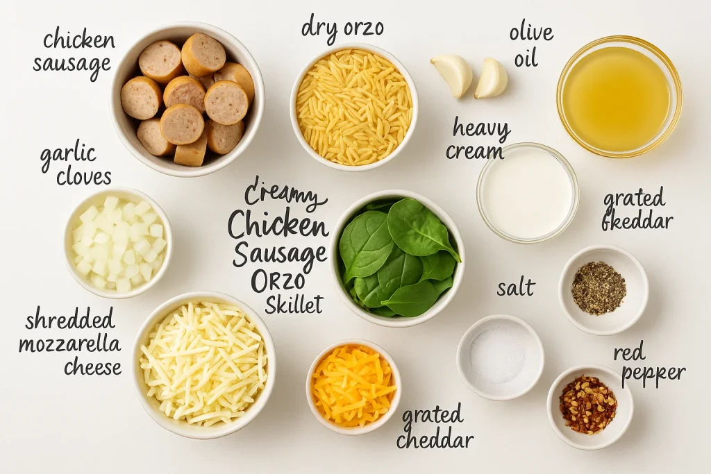 Creamy Chicken Sausage Orzo Skillet ingredients