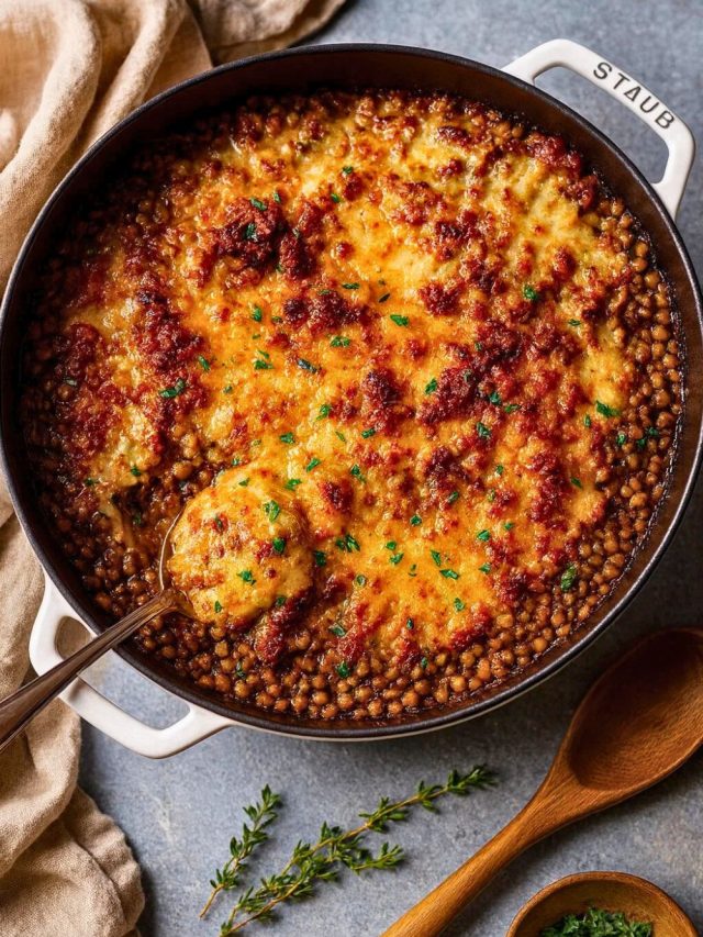 French Onion Baked Lentils and Farro