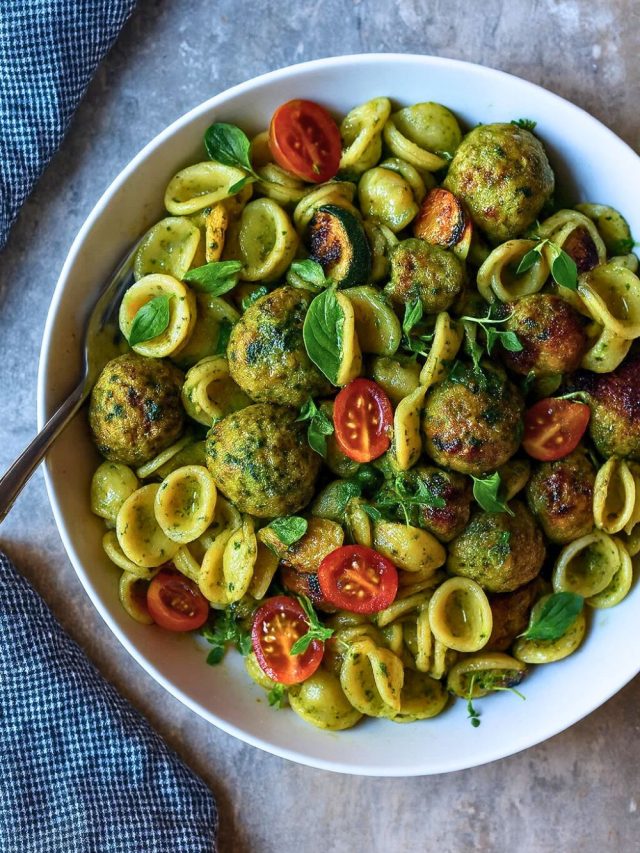 Turkey Pesto Meatballs and Orecchiette